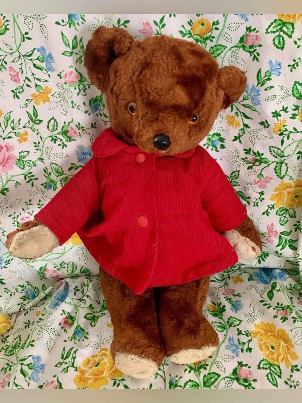 Vtg Chestnut Brown Jointed Teddy Bear Plush 13” Paddington ? Orange Eyes
